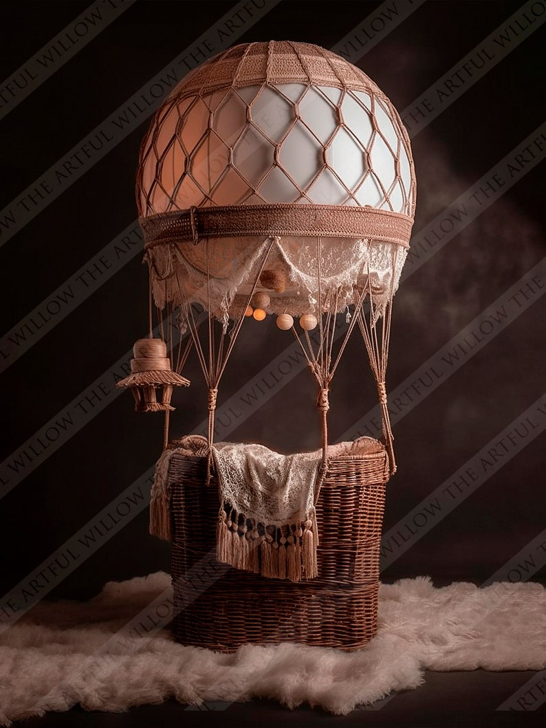 The 'Kiara' Digital Backdrop collection SET OF 5 stunning boho rustic wicker and cream hot air balloons for newborn photography image 2