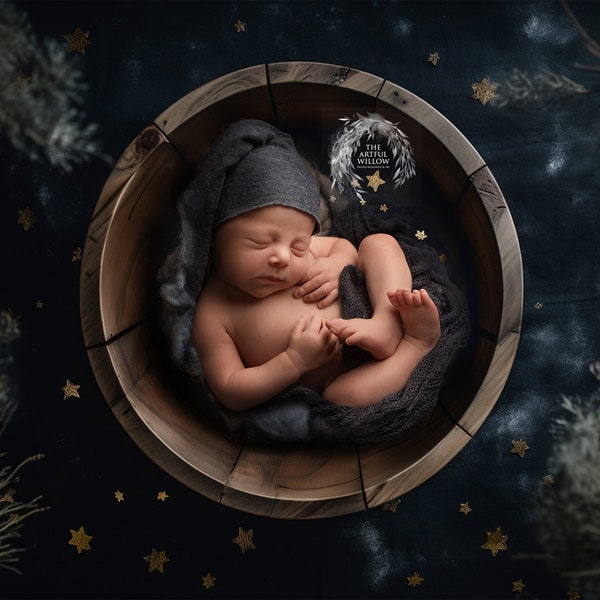 The 'Ralph' Digital Backdrop collection (SET OF 5 stunning dark blue wood and gold star bowls for newborn photography)