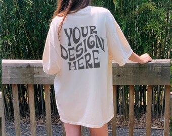 Comfort Colors C1717 Back Mockup Oversized Ivory Outdoors Mockup Model Mockup Trendy Mock White Colored Shirt Cowgirl Aesthetic Mockup
