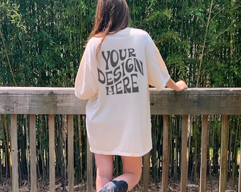 Comfort Colors C1717 Back Mockup Oversized Ivory Outdoors Mockup Model Mockup Trendy Mock White Colored Shirt Cowgirl Aesthetic Mockup