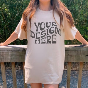 Gildan 5000 Sand Front Mockup Oversized Outdoor Mockup Model Mock Trendy Mock White Colored Shirt Cowgirl Aesthetic Mockup