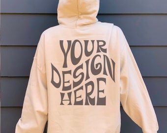 Gildan 18500 Sand Hoodie Mockup Oversized Sand Hoodie Mockup Model Mockup Trendy Mock Beige Sweatshirt Aesthetic Mockup Words on Back