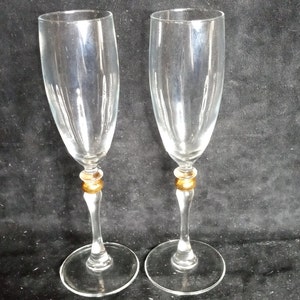 Pair Fluted Champagne Cortina (Gold Wafer in Stem) by CRISTAL D&#39;ARQUES-DURAN
