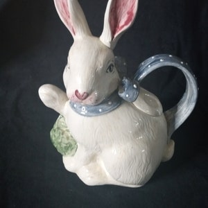 Vintage Teapot Rabbit Floral Hand Painted White Bunny Ceramic Kitchen Decor