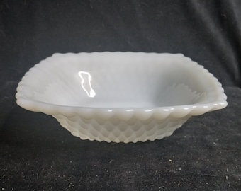 Anchor Hocking Bowl PC Vintage Milk Glass Square Snack Candy Dish Hobnail 6.5"