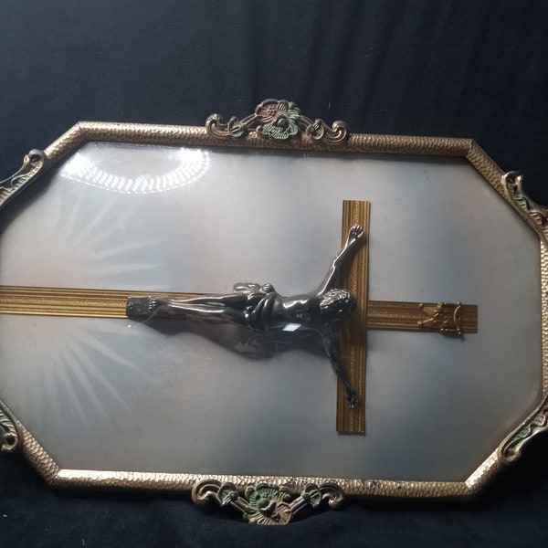 1920's Vintage Religious Convex Glass Hammered Brass Framed Picture Crucifix