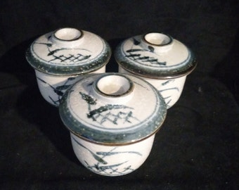 Set of 3 Japanese Porcelain Lidded Soup Bowls 4" x 3.5"