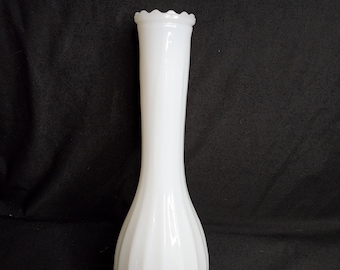 Vintage Milk Glass Bud Vase White Ribbed 8 3/4"