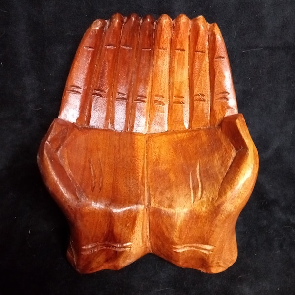 Carved Wooden Prayer Hands Bowl 8"