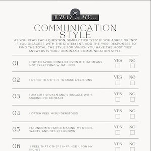 May include: A black and white questionnaire titled "What's My Communication Style?" with eight questions about communication style. Each question has a "Yes" or "No" option to check. The questionnaire is designed to help you identify your dominant communication style. The word "Passive" is at the bottom left of the page, and "Score" is at the bottom right.