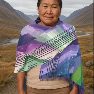 May include: A woman wearing a purple, green, and blue patterned shawl with a geometric design. The shawl has a fringe border. She is standing in a mountainous landscape.