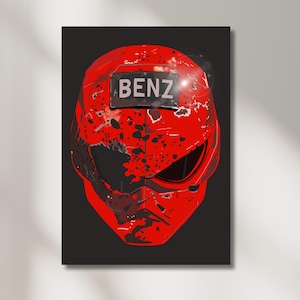 Può includere: Un casco rosso e nero con un'etichetta bianca su cui è scritto "BENZ". Il casco ha un aspetto usurato con schizzi neri sulla superficie rossa.