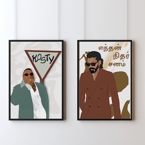 May include: Two framed art prints. The left print features a person in a green jacket and white shirt, with the word "KOSTY" above. The right print shows a person in a brown suit with text in a foreign language.