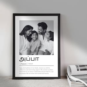 Puede incluir: Una fotografía en blanco y negro de una familia de cuatro, con el padre en el centro, y la madre, el hijo y la hija a cada lado. La foto está enmarcada en un marco negro y tiene la palabra "Appa" escrita en escritura tamil debajo de la foto, con la traducción al inglés "Appa" y la definición "Appa, la columna vertebral de nuestra familia, nos colma de su amor desinteresado y su apoyo inquebrantable. Sus sacrificios constantes aseguran que siempre estemos cómodos y provistos, y su presencia llena nuestro hogar de calidez y seguridad." escrita debajo.