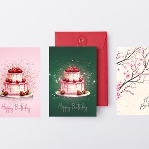 Ensemble de cartes d'anniversaire pour les amoureux des cerises | Cartes d'anniversaire imprimables numériques | Gâteau aux cerises et oeuvre d'art floral