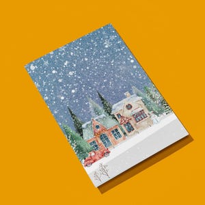 Winterdorf Postkarte - digitaler Download | Verschneite Weihnachtsszene | Druckbare Weihnachtskarte