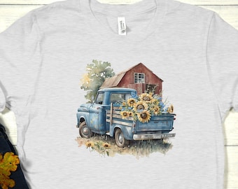 Rustic Farm Truck with Sunflowers T-Shirt, Old blue truck with flowers, Classic blue truck shirt, farm truck tee, vintage truck tshirt