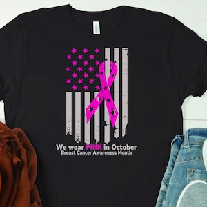 Breast Cancer Awareness T-shirt, American flag with pink ribbon, cancer tshirt, cancer warrior shirt, pink ribbon, cancer awareness shirt