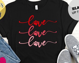 Camiseta Love Valentine, amor con camisa con estampado de patas, camiseta para amantes de los perros, estampado de patas de animales, camiseta para amantes, camiseta del día de San Valentín, regalos de San Valentín