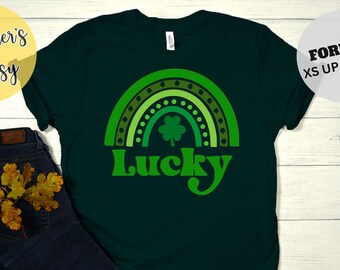 Lucky St. Patrick's Day t-shirt, St. Paddy's Day shirt, cute charm tee, lucky rainbow shirt, four leaf clover tee shirt, womens lucky shirt