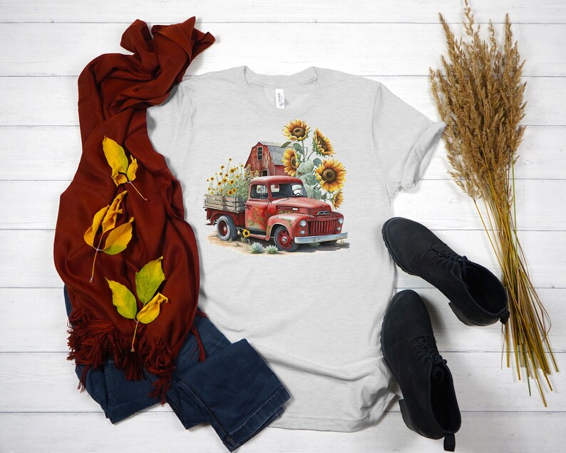 Rustic Red Farm Truck with Sunflowers t-shirt, Rustic truck country farm shirt, country barnyard sunflowers tshirt, classic vintage truck bild 4