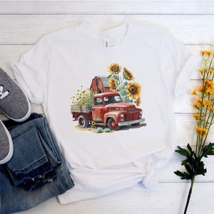 Rustic Red Farm Truck with Sunflowers t-shirt, Rustic truck country farm shirt, country barnyard sunflowers tshirt, classic vintage truck bild 2