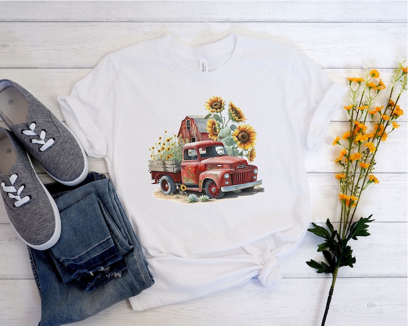 Rustic Red Farm Truck with Sunflowers t-shirt, Rustic truck country farm shirt, country barnyard sunflowers tshirt, classic vintage truck bild 2