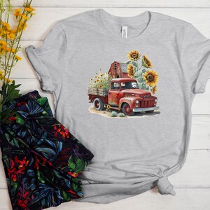 Rustic Red Farm Truck with Sunflowers t-shirt, Rustic truck country farm shirt, country barnyard sunflowers tshirt, classic vintage truck bild 3
