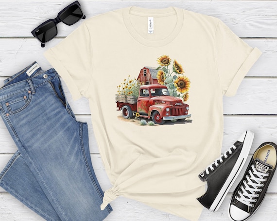Rustic Red Farm Truck with Sunflowers t-shirt, Rustic truck country farm shirt, country barnyard sunflowers tshirt, classic vintage truck