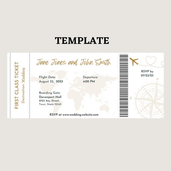 Gold Plane Ticket Wedding Invitation