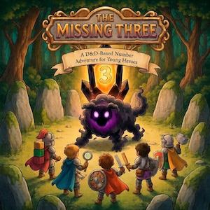 May include: A book cover titled The Missing Three: A D&D-Based Number Adventure for Young Heroes. It features five children in knight armour facing a dark, glowing purple creature in a forest. A large number 3 is displayed behind the creature.