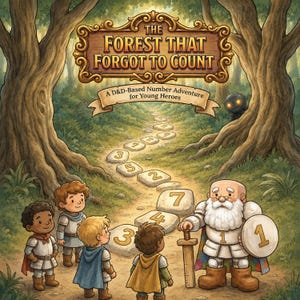Puede incluir: Una portada de libro titulada The Forest That Forgot To Count, A D&D-Based Number Adventure for Young Heroes. Muestra a cuatro niños con vestimenta medieval y un caballero barbudo con un escudo marcado con un 1, frente a un camino de piedras numeradas.