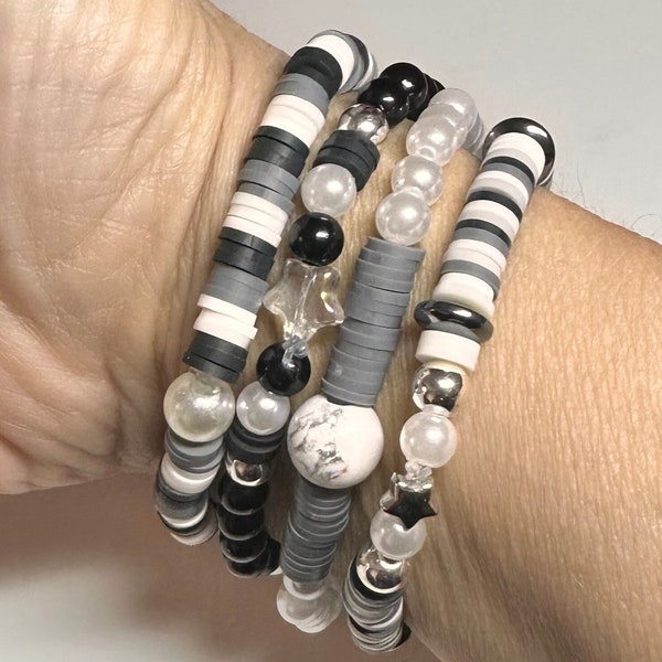 Pretty stackable gray/black/white OOAK fashion bracelet set - stretchy elastic beaded stackable jewelry gift for her funky daughter dark