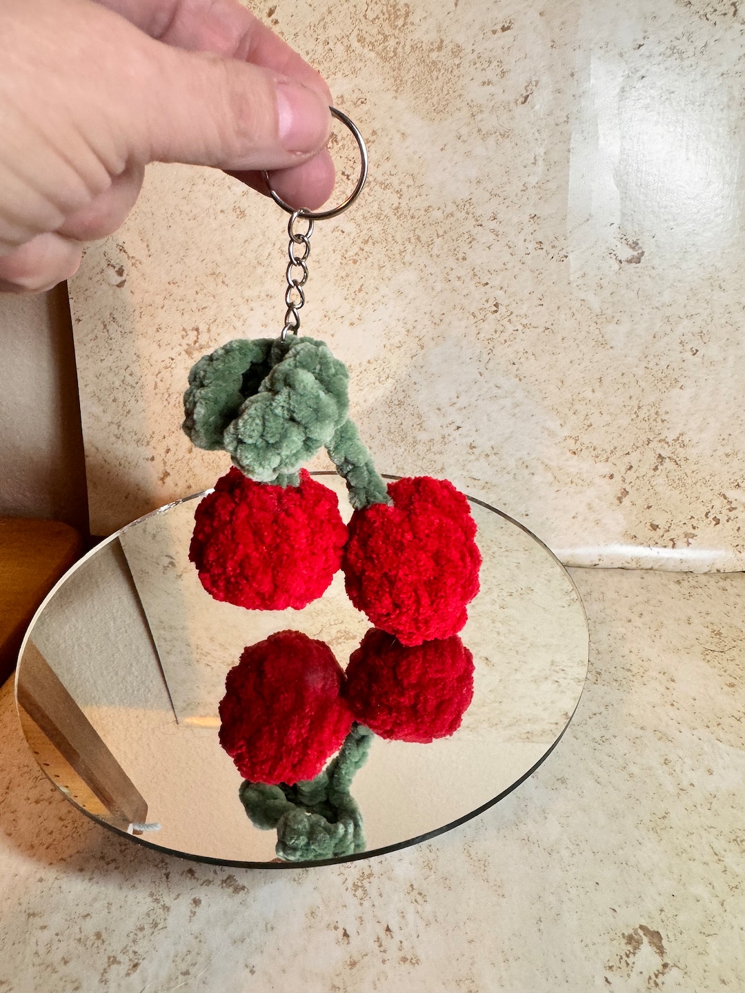 Mini Crochet Cherries Keychain Red Handmade Cute Toy Plush Valentine Amigurumi Doll Children or