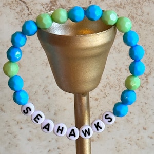 Pretty handmade blue / green playful sporty bracelet - SEAHAWKS stretchy elastic beaded stackable gift jewelry NFL Seattle Seahawks fun