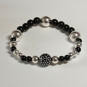 Pretty handmade black and silver fashion bracelet - stretchy elastic beaded stackable sparkly gift jewelry for her bridesmaid daughter