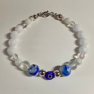 Handmade Evil Eye bracelet blue/white/silver OOAK - clasped stretchy elastic beaded sparkly gift jewelry for her protection