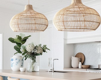 Handwoven Rattan Pendant Light, Coastal Wicker Lampshade