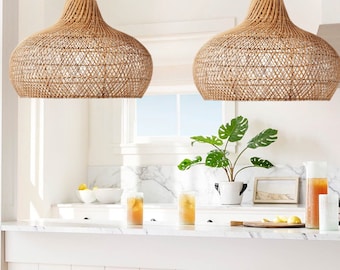 Rattan Lampshade for Sustainable Decor. Coastal Luxe. Boho. Modern Farmhouse. Handmade Wicker Pendant Light. Eco Friendly Lighting