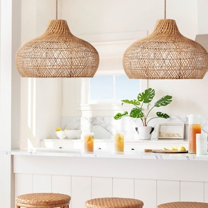 Rattan Lampshade for Sustainable Decor. Coastal Luxe. Boho. Modern Farmhouse. Handmade Wicker Pendant Light. Eco Friendly Lighting