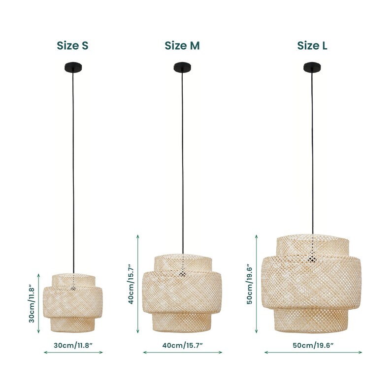 May include: Three sizes of a woven pendant light fixture with a black cord. The pendant light is made of natural woven material and has three tiers. The sizes are small, medium, and large. The measurements are 11.8 inches, 15.7 inches, and 19.6 inches.