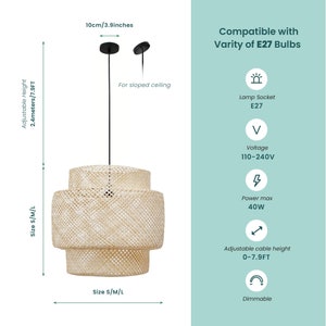 May include: A three-tiered woven bamboo pendant light with a black cord and a 10 cm adjustable height. The light is compatible with E27 bulbs and is dimmable. The light is shown hanging from a ceiling.