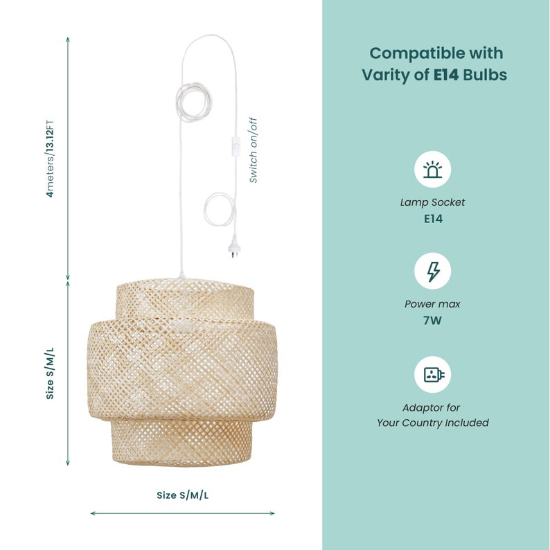 May include: A three-tiered bamboo pendant light with a white cord and a switch. The light is compatible with E14 bulbs and has a maximum power of 7 watts. The cord is 4 meters long.