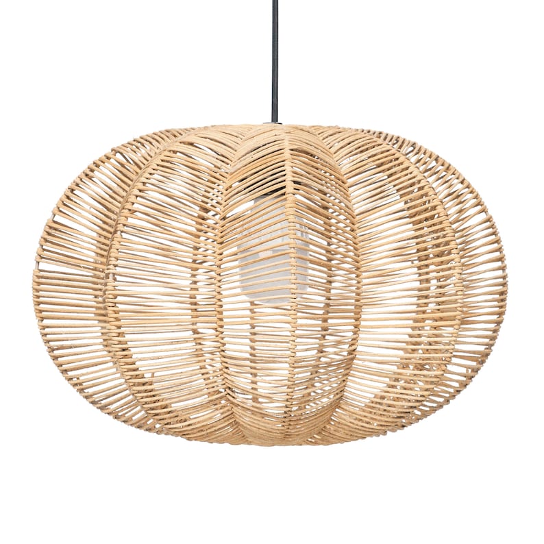 May include: A natural-toned, woven rattan pendant light fixture. The light has an oval shape with a bulb visible inside. The fixture is suspended from a black cord, perfect for adding a touch of natural texture to any room.