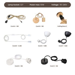 May include: Assortment of eight different electrical cords for hanging light fixtures. The cords come in various lengths, from 1.8 meters to 4 meters, and feature different styles of plugs and switches. The cords are labeled with their length and style. The image also includes a ceiling rose and a lamp socket.