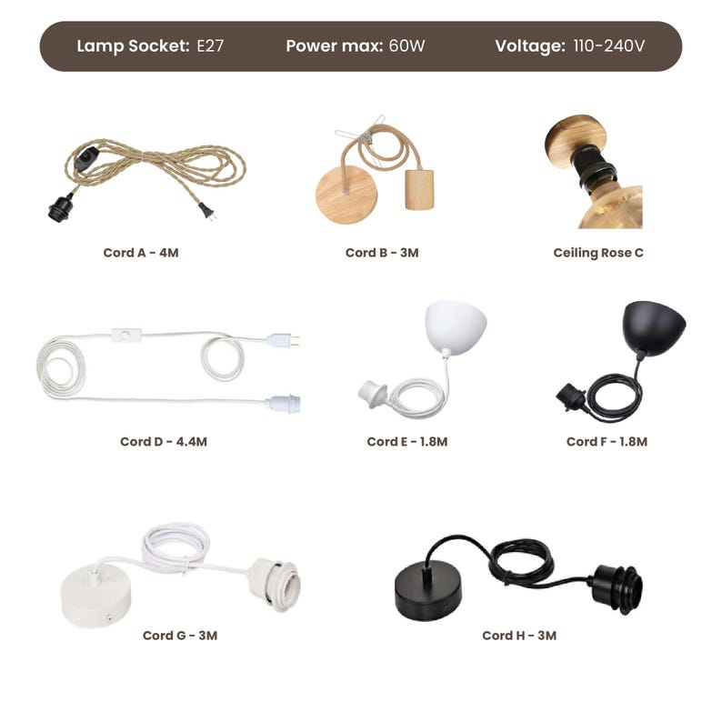 May include: Assortment of eight different electrical cords for hanging light fixtures. The cords come in various lengths, from 1.8 meters to 4 meters, and feature different styles of plugs and switches. The cords are labeled with their length and style. The image also includes a ceiling rose and a lamp socket.