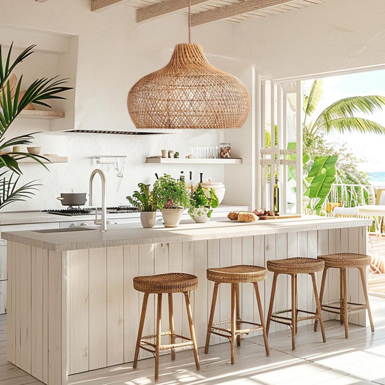 May include: A kitchen island with a white worktop and wood panelling. Four woven rattan bar stools surround the island. A large woven wicker pendant light hangs above the island.
