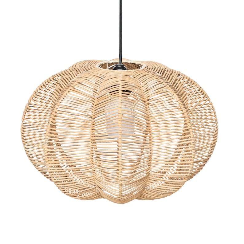 May include: A woven pendant light fixture with a pumpkin-like shape. The light is made of natural-colored wicker and features a bulb inside. The fixture hangs from a black cord, perfect for adding a touch of natural texture to any room.