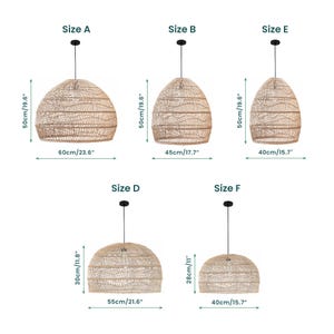 May include: Six different sizes of woven pendant lights, with measurements in inches and centimeters. The lights are made of natural woven material and have a dome shape.
