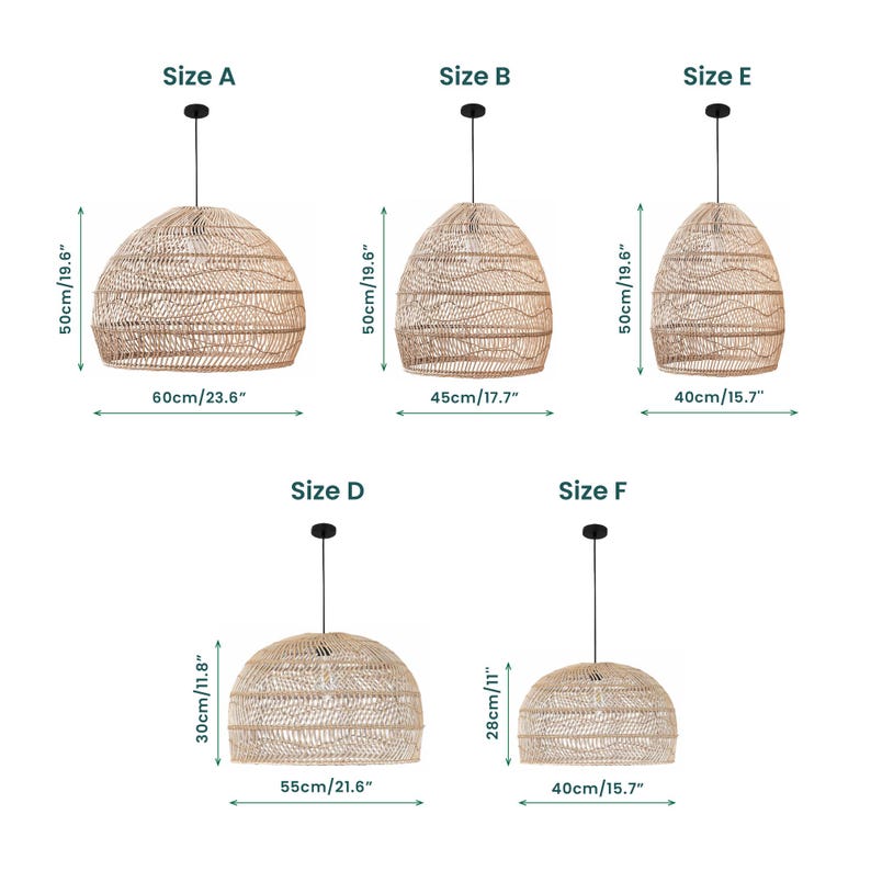 May include: Six different sizes of woven pendant lights, with measurements in inches and centimeters. The lights are made of natural woven material and have a dome shape.